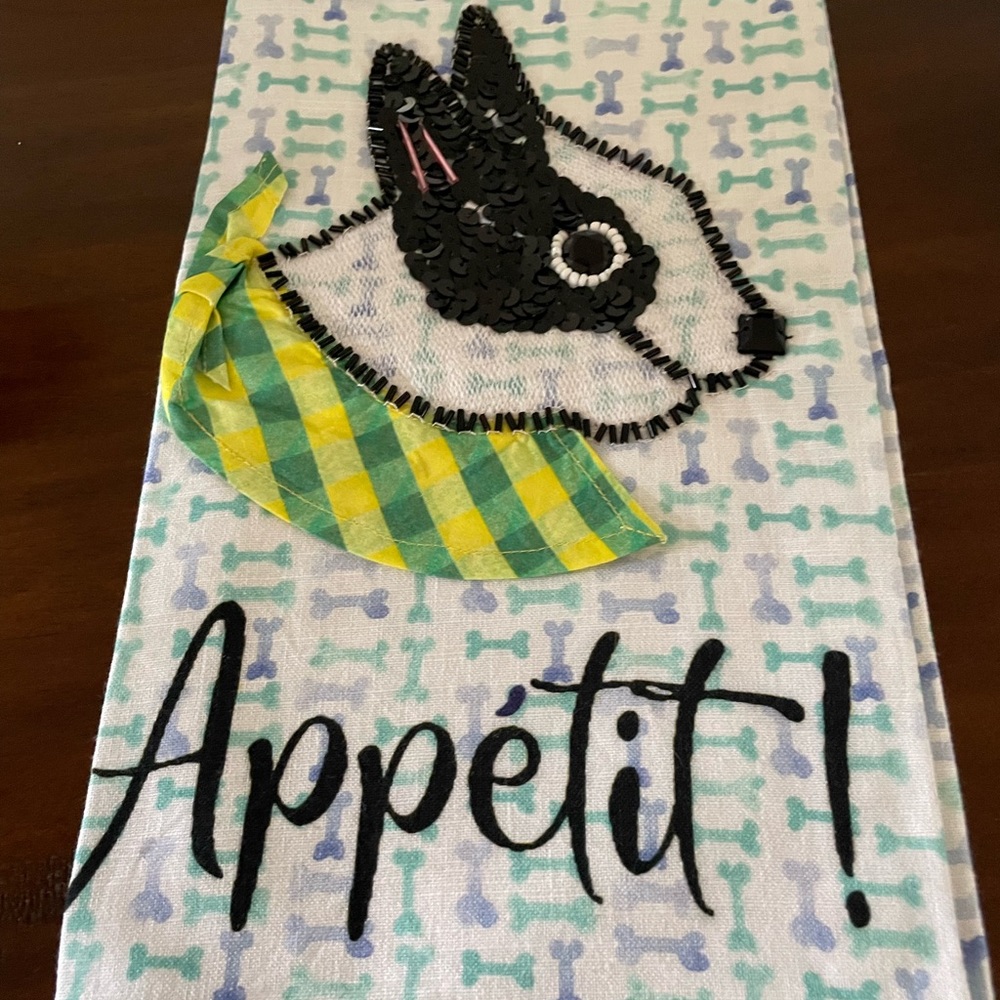 NEW Anthropologie Bone Appetit Dog Kitchen Dish Towel Sequin - Picture 3 of 4
